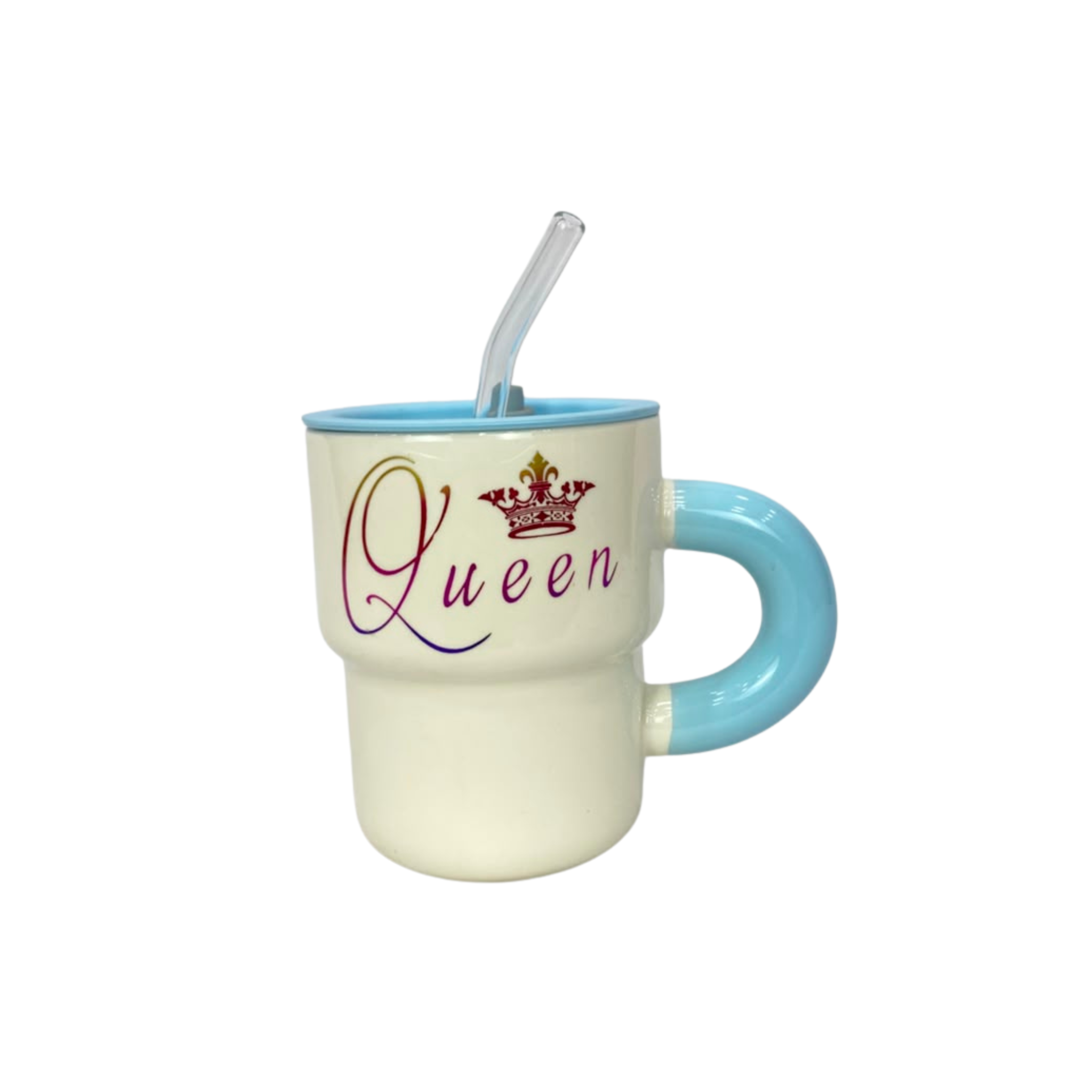 Cream ceramic mug with lid, straw, Queen script and chunky blue handle